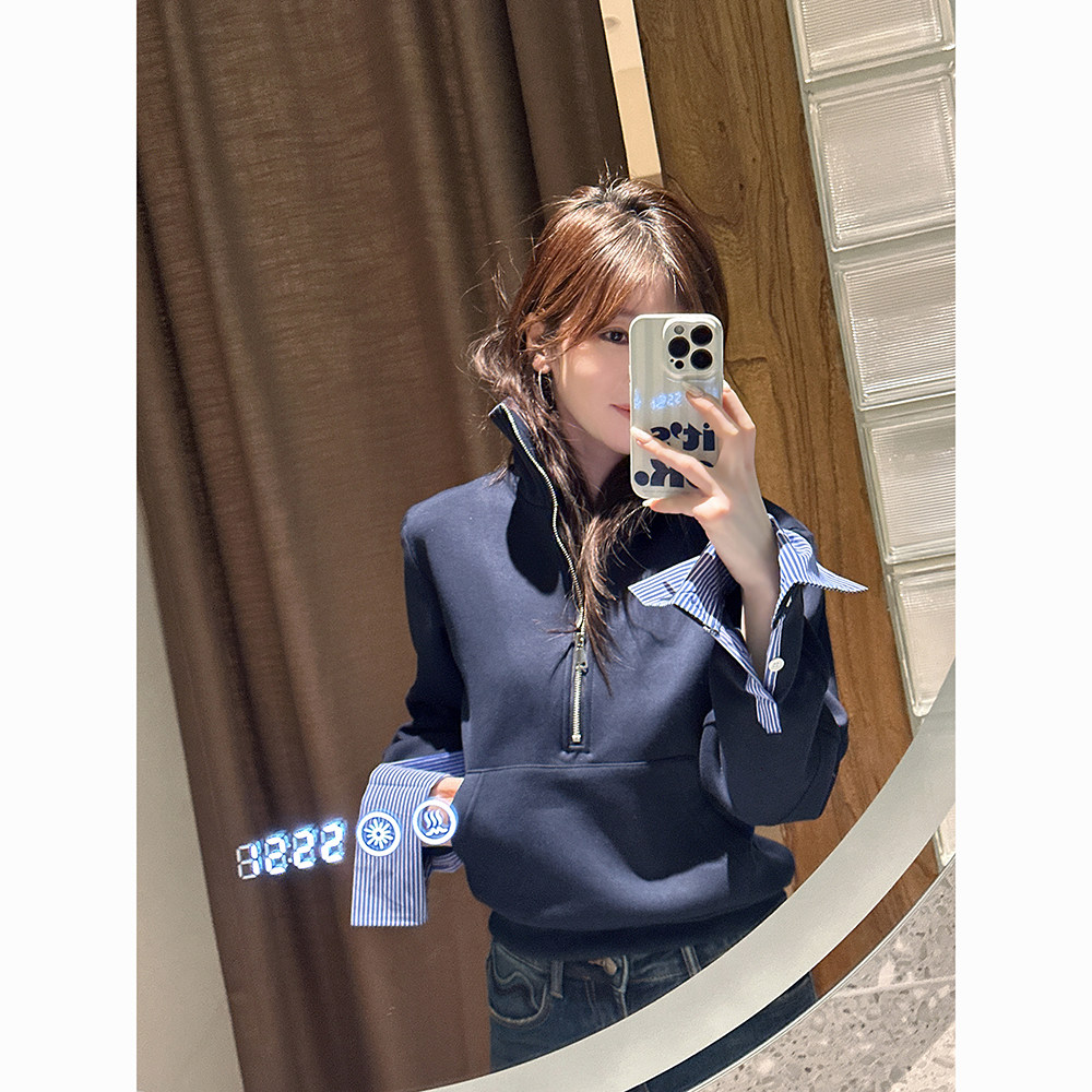 正肩款拼色衬衫袖洋气藏青色卫衣