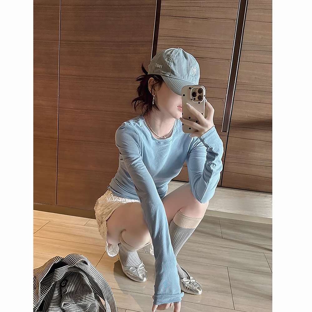 浅蓝水洗棉堆堆袖女T恤