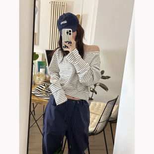 收腰长袖 颓废家春季 卫衣韩版 口气质短款 上衣 斜肩太空棉条纹设计袖