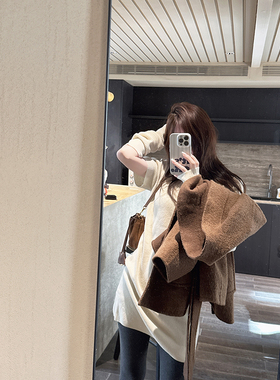 CHIA三季可穿中长款过臀美丽诺羊毛圆领简洁纯色杏色连衣裙袖套版