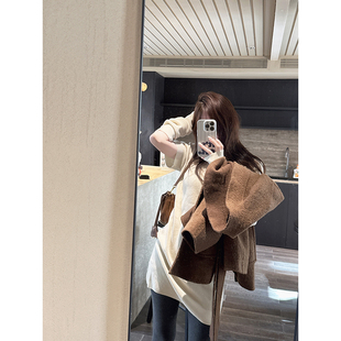 套版 过臀美丽诺羊毛圆领简洁纯色杏色连衣裙袖 可穿中长款 CHIA三季