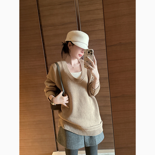 颓废家订单款大领子粗针设计感宽边中长款毛衣宽松百搭套头针织衫