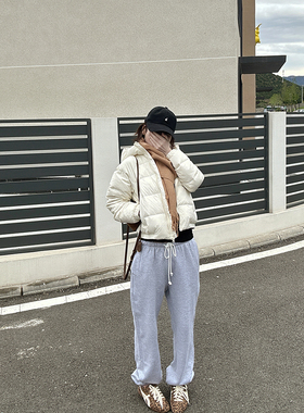 CHIA冬季抓绒保暖窄腰围白色抽绳常规不挑人的松紧口韩系简洁卫裤