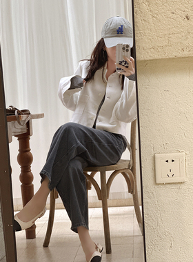 颓废家韩网春季同步短款高腰排扣气质纯白色短西装外套高级感上衣