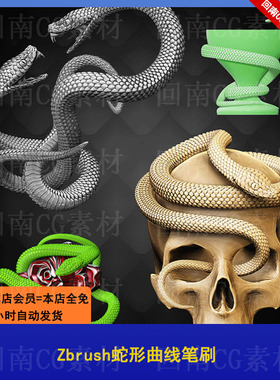 ZBrush快速创建蛇形IMM笔刷zbp画笔ZB雕刻建模素材蛇嘴头身体曲线