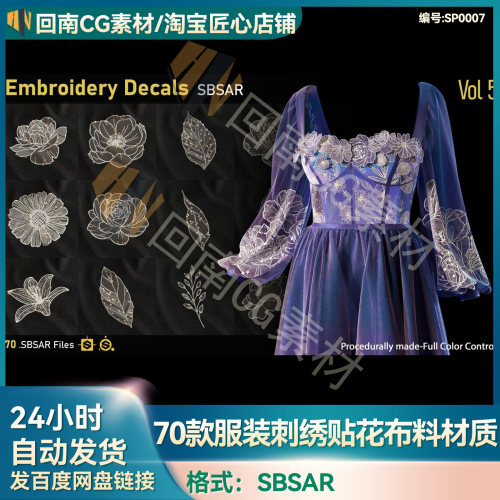 SP/Pt/SD/MD基本材质sbsar文件70款衣服装刺绣贴花布料材质球素材