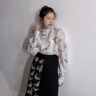 真大鱼大小码胖MM【庄生晓梦】新中式国风印花蝴蝶宽松衬衣夏季新