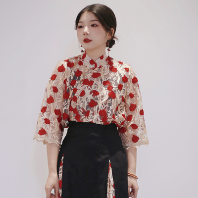 真大鱼中袖绣花衬衣小衫