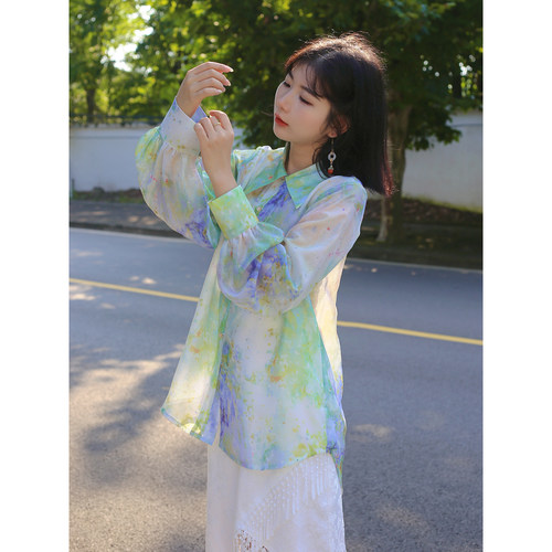 【染青衫】水彩晕染衬衣提花上衣