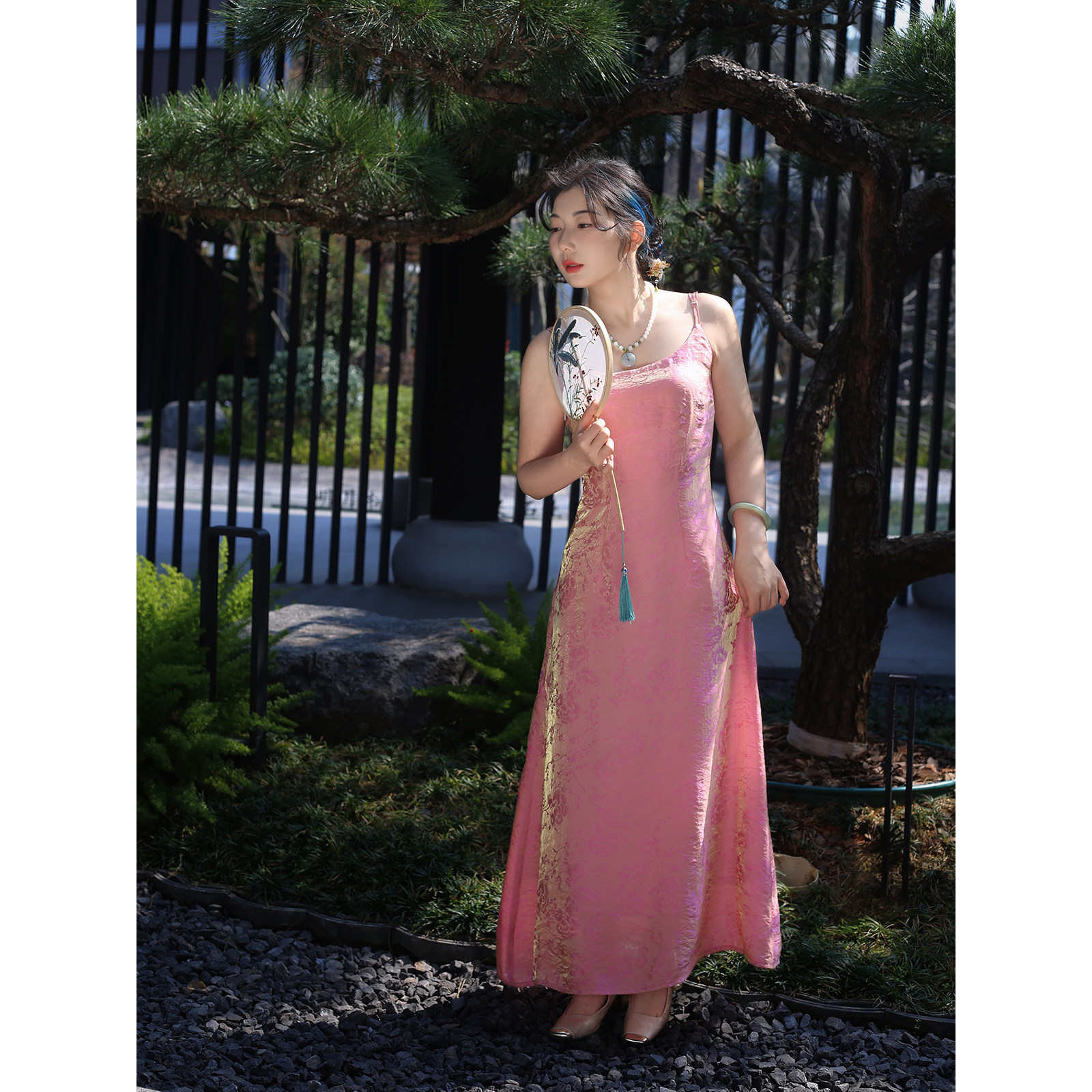 真大鱼大小码【粉黛】原创新中式提花人丝浮光锦吊带背心连衣裙新