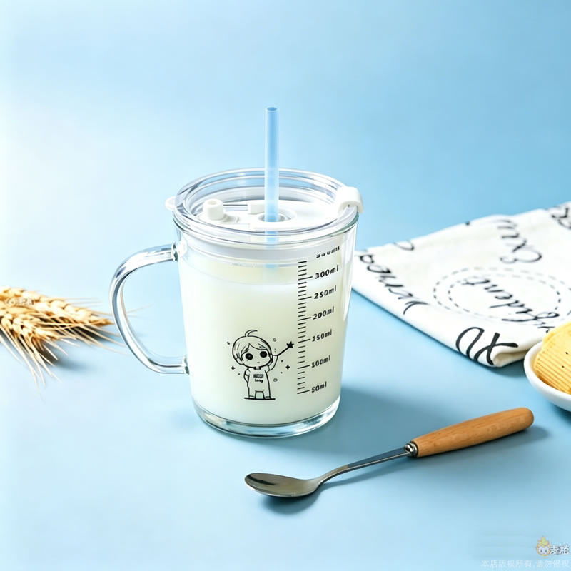 加厚玻璃手柄带刻度牛奶杯透明创意家用量杯饮料果汁喝水杯早餐杯