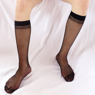男士中筒无脚跟透明超薄丝袜 男耐穿脚尖中筒袜丝袜条纹中统丝袜
