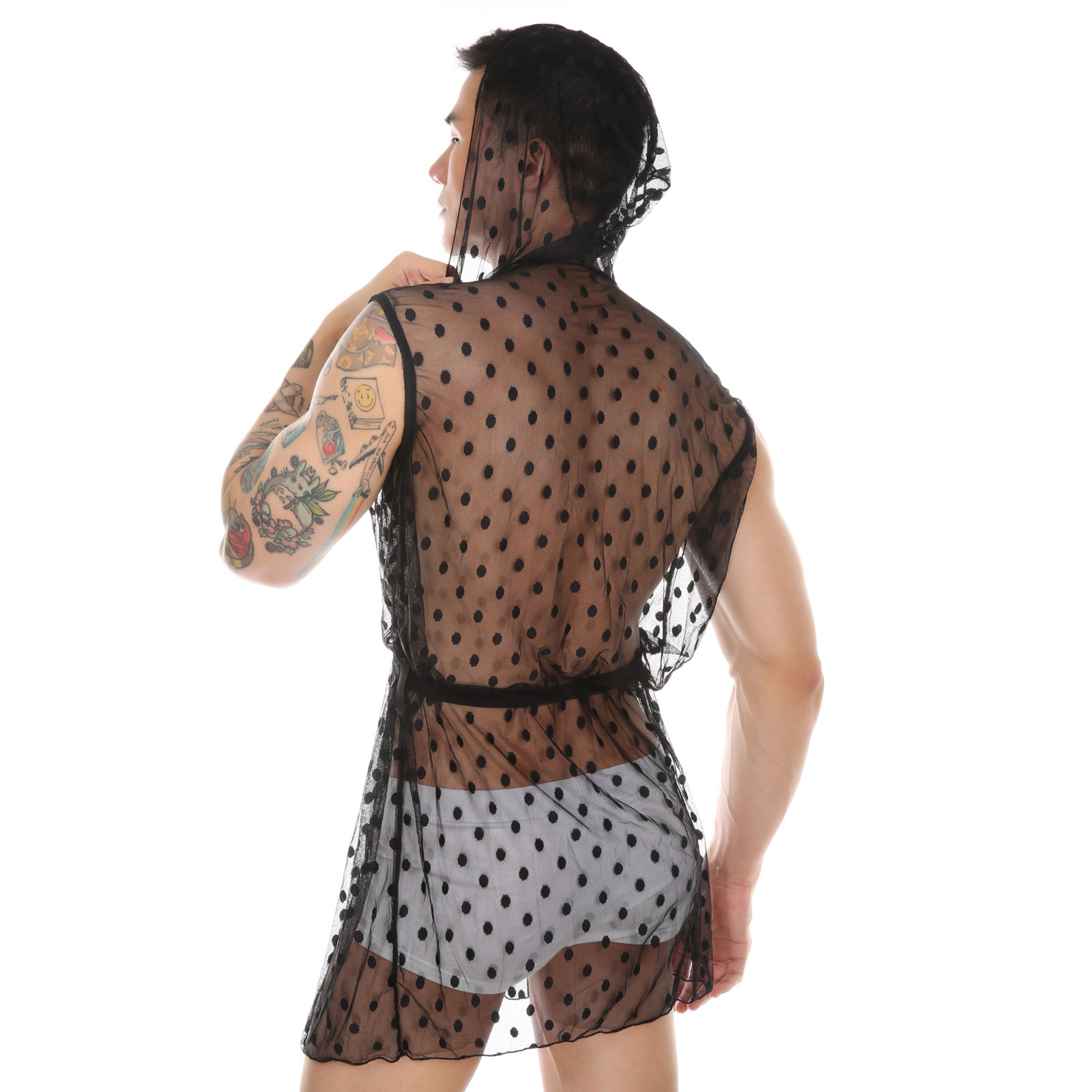 CLEVER-MENMODE男士圆点蕾丝性感无袖浴袍睡袍连帽透视家居服欧码