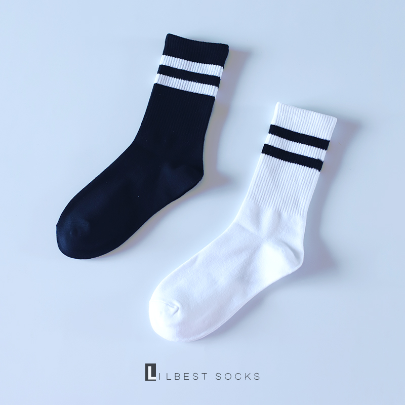 ins袜子男女春秋中筒棉袜学院风两杠百搭黑白简约条纹运动长袜潮