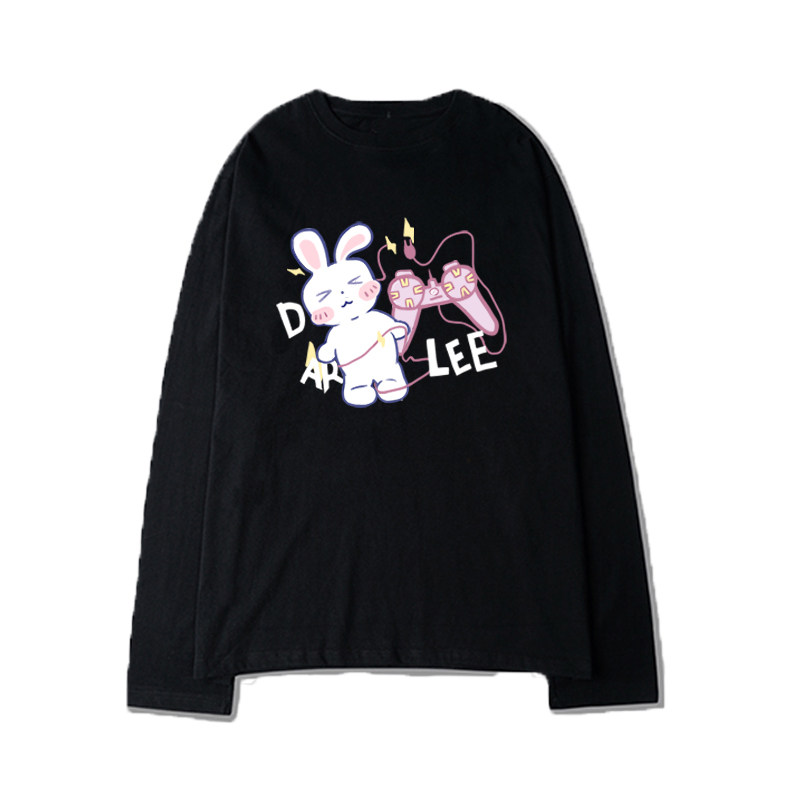 billkong国潮兔子游戏机可爱印花宽松BF风闺蜜装情侣纯棉长袖T恤