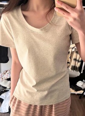 billkong studio短袖T恤女新款U领纯棉弹力显瘦正肩纯色打底上衣