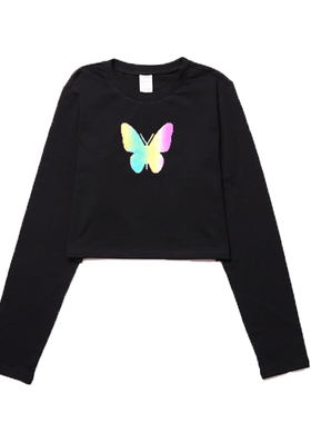 billkongt恤秋新款韩版ins蝴蝶印花长袖白色露脐短款宽松上衣潮