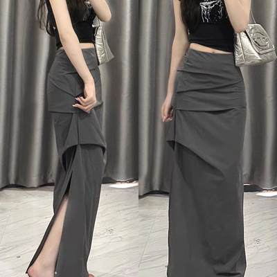 billkong辣妹褶皱开叉工装裙夏季薄款腰显瘦a字包臀百搭半身裙女