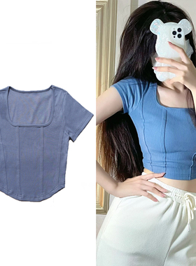 Holister小海鸥2022春新款修身短款方领鱼骨短袖T恤明星同款女