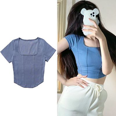 Holister小海鸥2022春新款修身短款方领鱼骨短袖T恤明星同款女