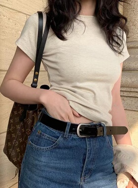 billkong studio美式白色t恤女正肩短袖新款显瘦圆领纯棉打底上衣