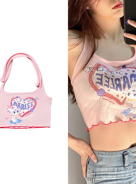 billkong背心外穿2022夏新款印花抹胸露脐小清新小吊简单休闲上衣