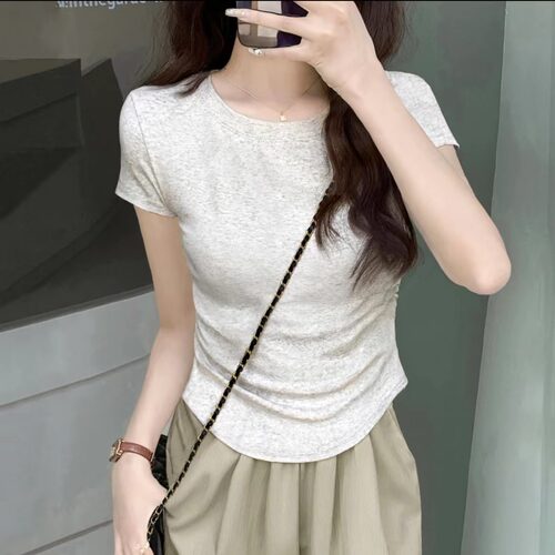 纯棉褶皱短袖正肩不规则紧身显瘦