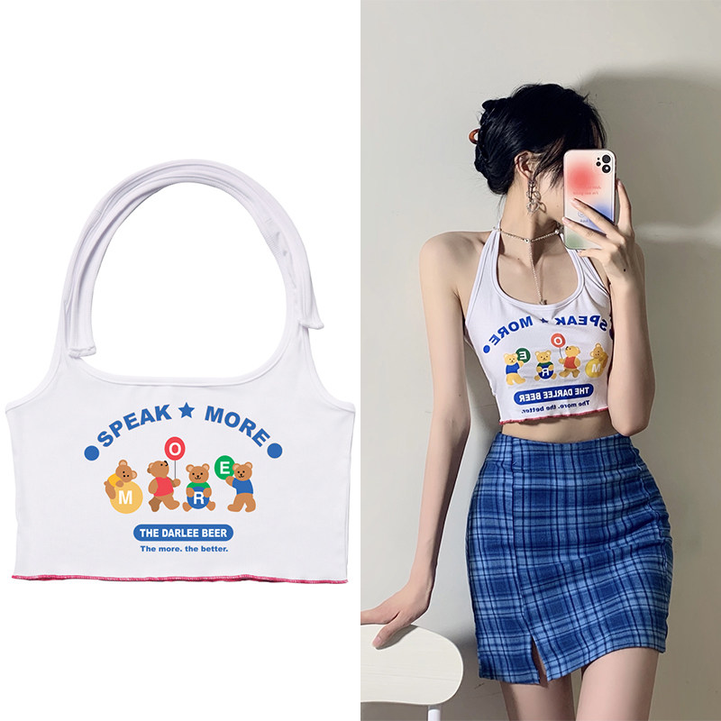 billkong街头系嘻哈活力清新可爱小熊绑带露脐姐妹闺蜜装短款上衣