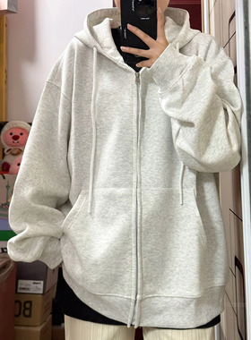 billkong灰色贝贝绒拉链卫衣外套女运动开衫早秋套装秋春连帽拉链