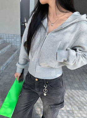 billkong连帽拉链口袋卫衣修身百搭灰色长袖卫衣上衣开衫短外套女