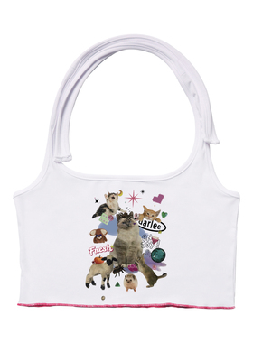 billkong美式复古猫咪印花性感女夏季甜辣圆领绑带吊带背心短款