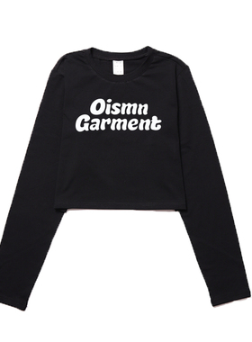 billkong春秋长袖t恤女短款高腰纯棉圆领宽松露脐字母印花上衣潮