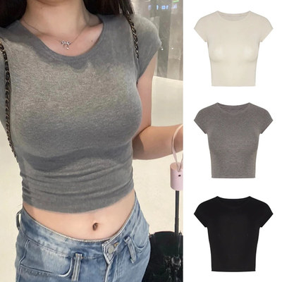 billkong沙漏飞飞袖T恤短袖修身露脐圆领短款t恤上衣短袖女打底衫