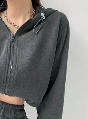 billkong美式短款收腰露脐帽衫宽松连帽卫衣女春秋拉链长袖外套