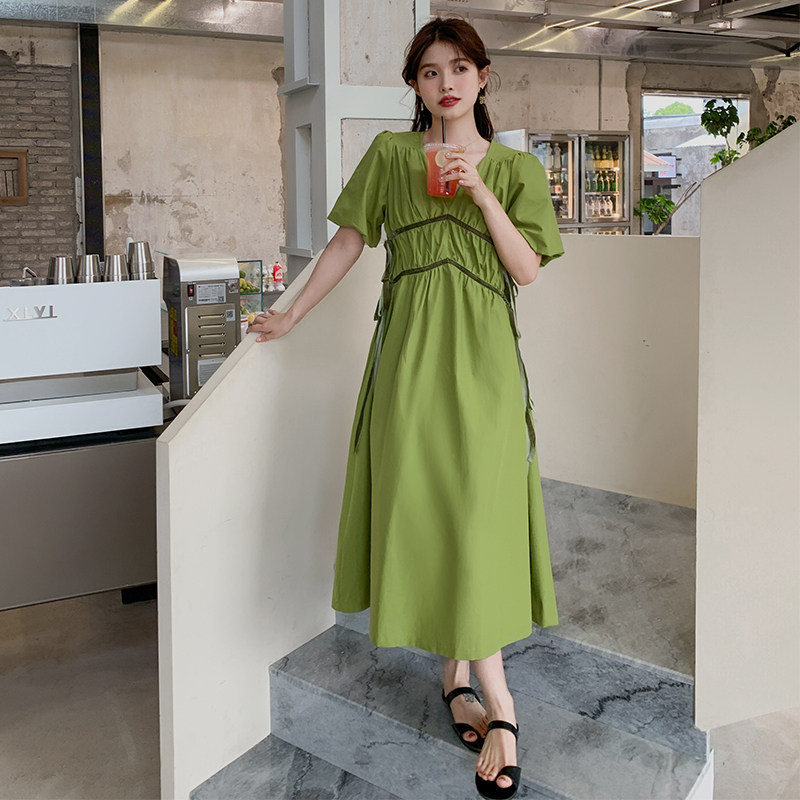 绿色V领桔梗连衣裙女夏韩版设计感小众宽松胖mm显瘦大码孕妇长裙,女装连衣裙,宁宁家