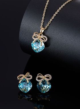 超闪水晶方糖蝴蝶结耳钉轻奢风高级感气质海蓝色项链耳环首饰套装