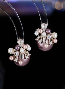 新款法式复古微镶锆石烟花珍珠耳环小众设计轻奢耳钉超仙甜美耳饰