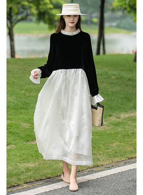 2026年新品牌高端高贵洋气欧货真丝全丝绒金丝绒女法式春秋连衣裙