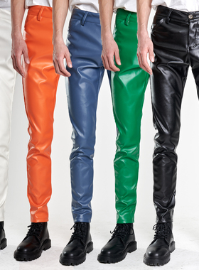春夏薄款中青年皮裤男士弹力机车修身小脚绿色酒吧橙橘皮裤男式裤