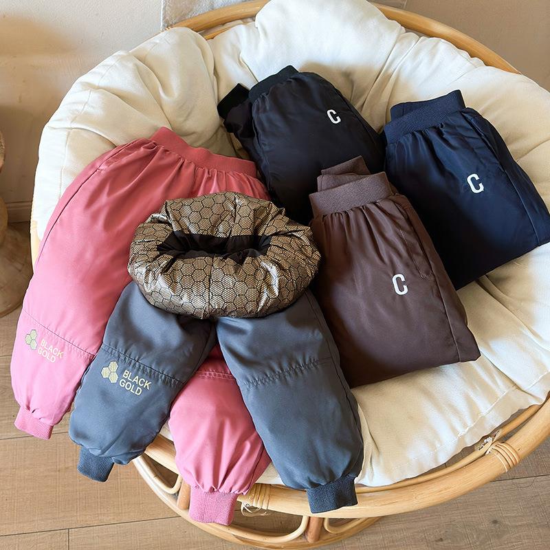 冬季新款儿童羽丝绒丝裤子中大童保暖休闲工装裤男童女童外穿厚款