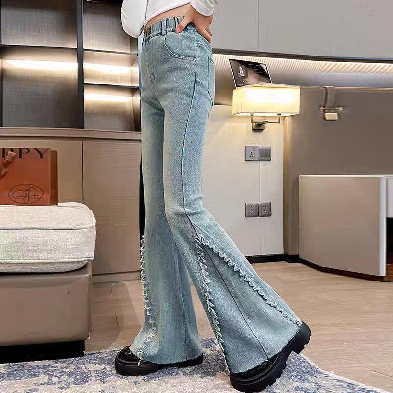 亚马逊女童春秋款牛仔喇叭裤欧美新款韩版中大童时尚休闲洋气裤子