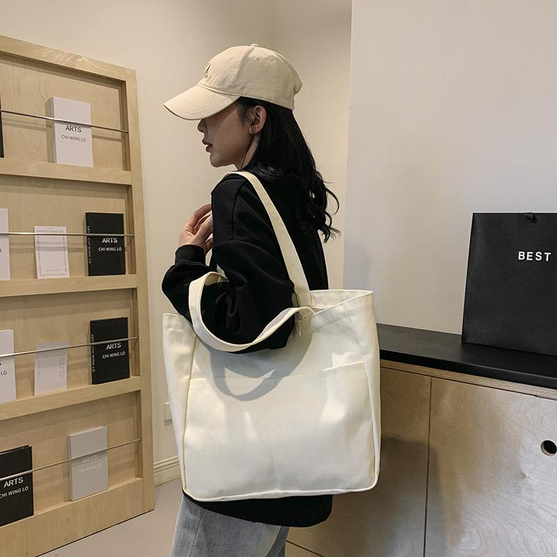 ins韩版女式单肩大容量帆布包 简约纯色文艺手提帆布袋 跨境