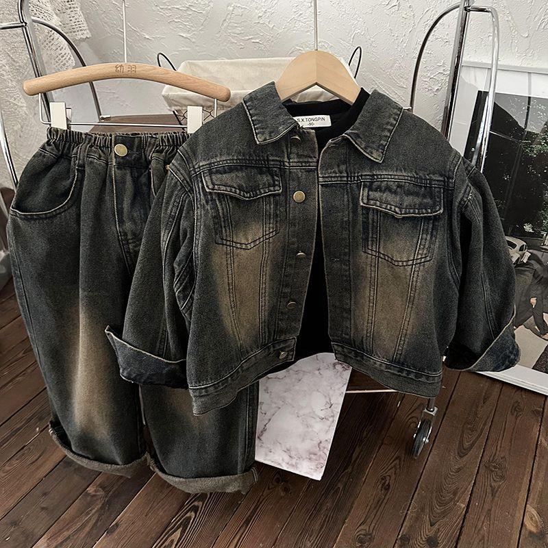 儿童韩版春秋款2024新款男女宝宝复古磨砂外套韩版宽松牛仔俩件套