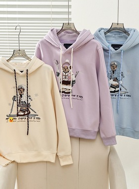 2025秋冬新款女装休闲学院风加绒刺绣连帽长袖卫衣TTMW258VCAK