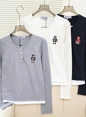 2026春季新款学院风简约假两件V领撞色拼接长袖T恤女TTLA2652C1K