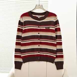 学院风复古条纹圆领针织衫 2026春季 新款 女装 TTCK2611C1A 毛衣开衫