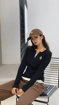 2024秋冬新款学院风修身刺绣假两件打底衫长袖T恤女TTLA247701H