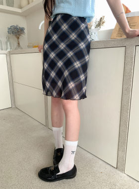 MOMONANA深蓝格子网纱松紧腰半身裙美式复古高腰显瘦遮肉中长裙子