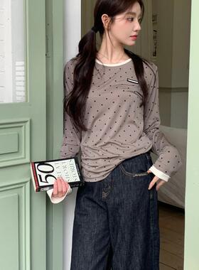 MOMONANA秋季波点假两件弹力修身打底衫长袖上衣黑白色宽松牛仔裤