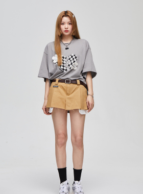 【特价】MOMONANA破坏棋盘格爱心碎短袖女原创小众圆领宽松T恤bm